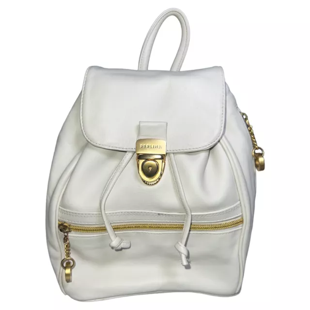 Vintage Perlina New York Leather Backpack Cream Off White Gold Tone Zippers Nice