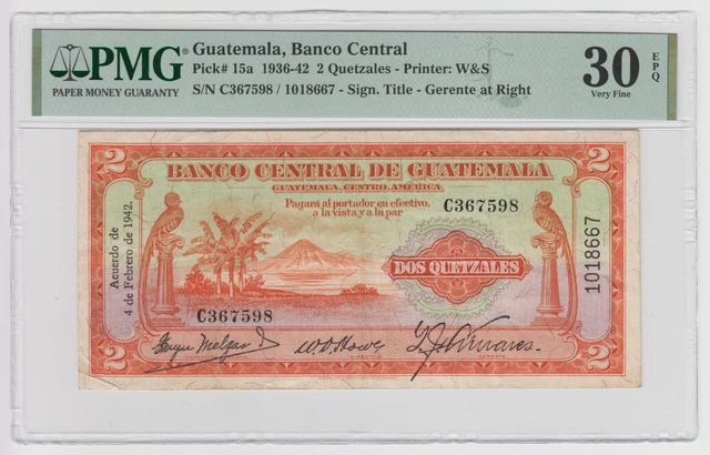 Guatemala 2 Quetzales 1942 P15a EPQ Rare Key Currency Bill Bird RARE Signature
