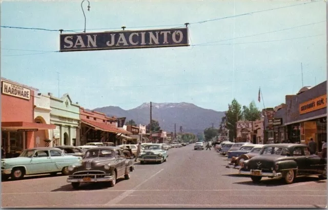 San Jacinto, California Postcard Downtown Street Scene / 1950s Cars Unused