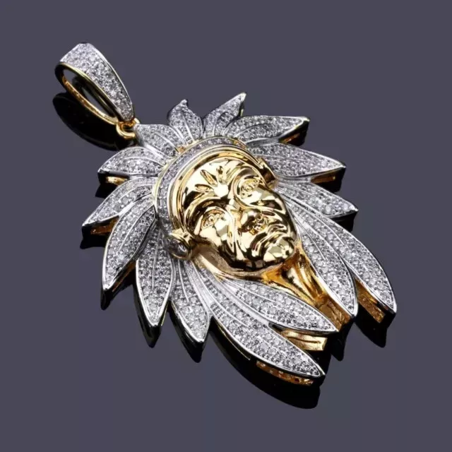 3Ct Round Cut Moissanite Indian Chief Head Charm Pendant 14K Yellow Gold Plated