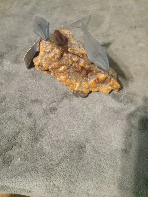 Gray Whale Duo Sculpture John Perry Studio California Burl Wood Base With Tag