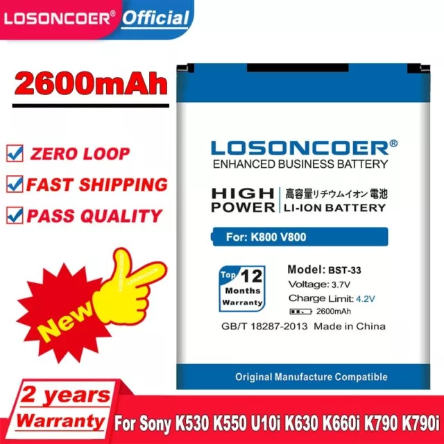 LOSONCOER 2600mAh BST-33 For Sony Ericsson V800 C702 C901 C903 F305 G502 G700 G7