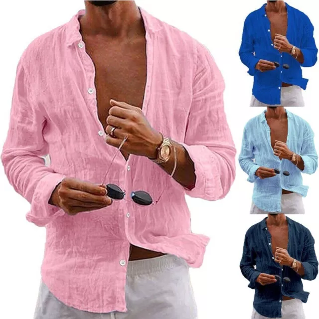 Mens Casual Cotton Linen Shirt Long Sleeve Loose Blouse Button Down Shirts-Tops