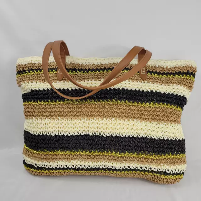 I.N.C. Metallic Stripe Straw Tote - Natural 3