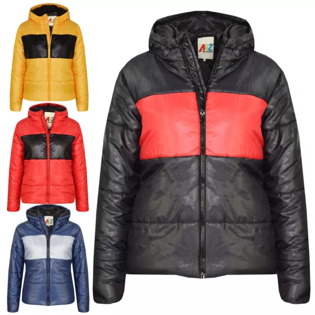 Kids Boys Girls Contrast Panel Hooded Padded Quilted Warm Jackets Coats 5-13 Yrs