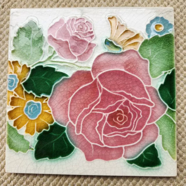 Vintage Art Nouveau Victorian Majolica Floral Pink Rose Tile Boho Cottage Core