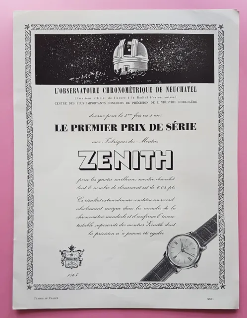 ZENITH montre /observatoire de Neufchâtel  -  PUBLICITE  1955 Print AD 1754