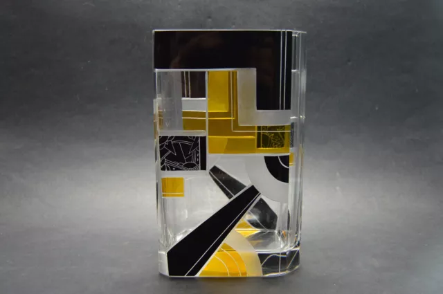 VTG Tschechische Art Deco Vase aus klarem Kristallglas mit gelb-schwarzer...