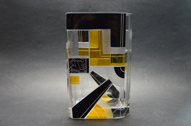 VTG TSCHECHISCHE ART Deco Vase aus klarem Kristallglas mit gelb ...