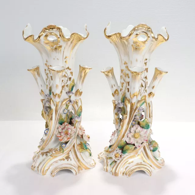 Pair Antique Jacob Petit Style Old Vieux Paris Porcelain Flowers Vases