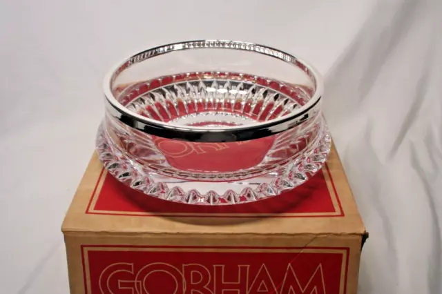 Gorham W Germany Full Lead Crystal Cut Glass Bowl Silver Plated Rim in Box 8"