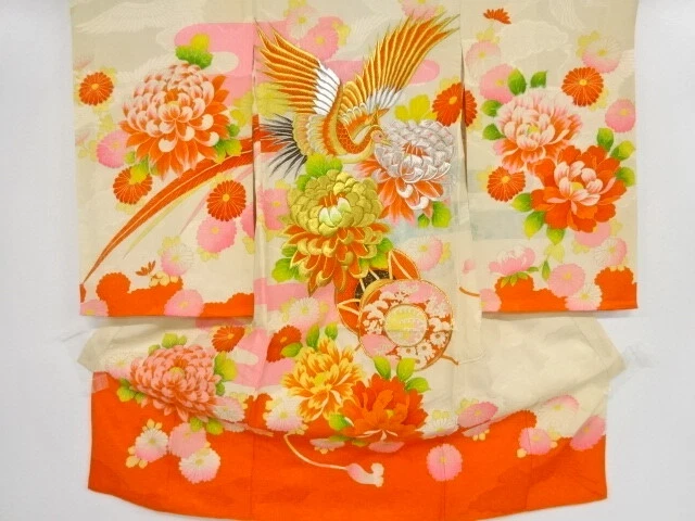 40271# Japanese Kimono / Antique Kimono For Girls / Embroidery / Kiku & Bird