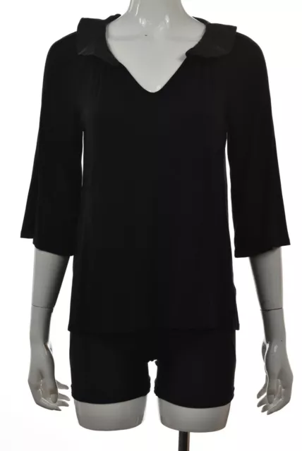 Ella Moss Womens Top Size S Black Solid Blouse Shirt 3/4 Sleeve Rayon V-Neck