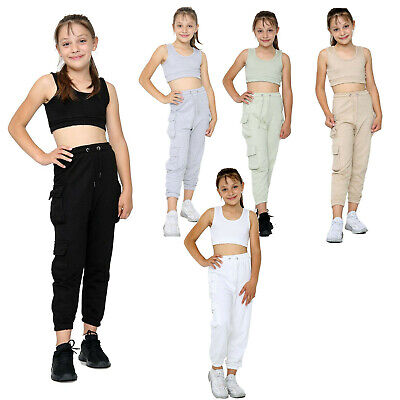 Girls Tracksuit Suit Kids Sleeveless Crop Top Sports Summer Cargo Joggers Sets