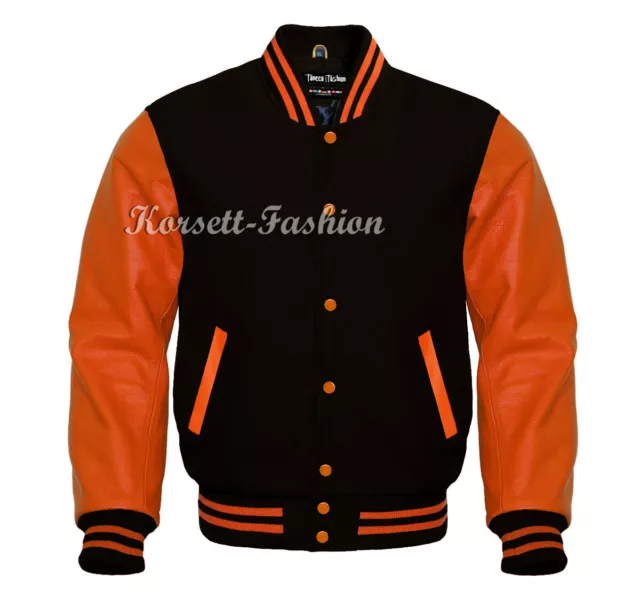 College-/ Baseballjacke aus Wolle mit echten Rindslederärmeln Gr. XS - 7XL