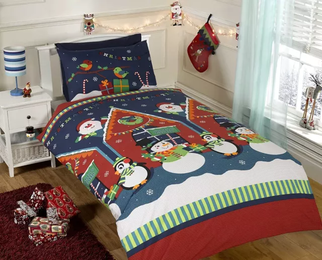 CHRISTMAS SINGLE DUVET QUILT COVER SET Xmas Snowman Santa Elf Bed Sheets ~Faulty
