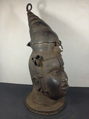 Large 26" African BENIN Bronze Royal OBA Queen Head Container, TRIBAL ART CRAFTS