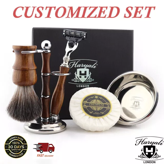 Wooden Shaving Kit Set Synthetic Shaving Brush & 3 Edge Razor Stand Bowl For Men