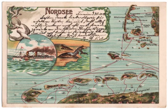 alte Litho-Ak Nordsee, Gruss von den Nordseeinseln, gelaufen 1907