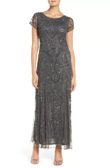 Pisarro Nights Beaded Mesh Midi Cocktail Dress SZ 10 ($268) Smoke