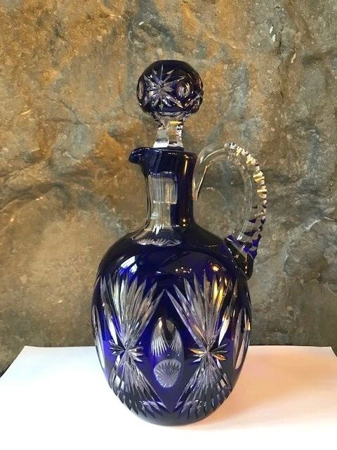 Carafe spirit bottle cristal Val Saint Lambert doublée bleu cobalt taillée 1908