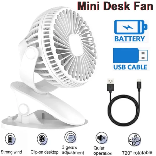 Portable 360° Mini Fan Travel Rechargeable USB Clip On Desk Fan Pram Cot Car AU