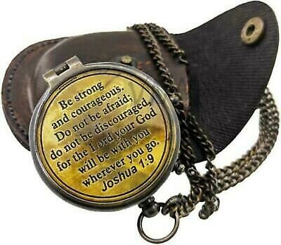 Brass Antique Pocket Compass '' Be Strong and Courageous, Engraved Compass