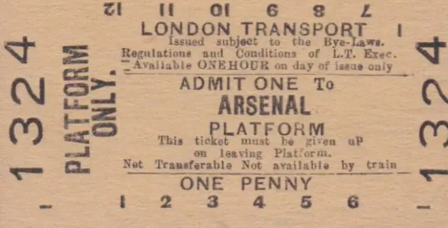 London Underground Railway PLATFORM Ticket ARSENAL 1324