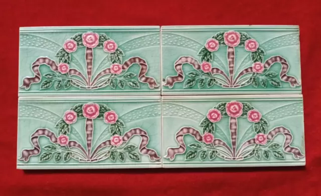 4 Piece Art Deco Small Floral Design Majolica Ceramic Tiles Japan 0297