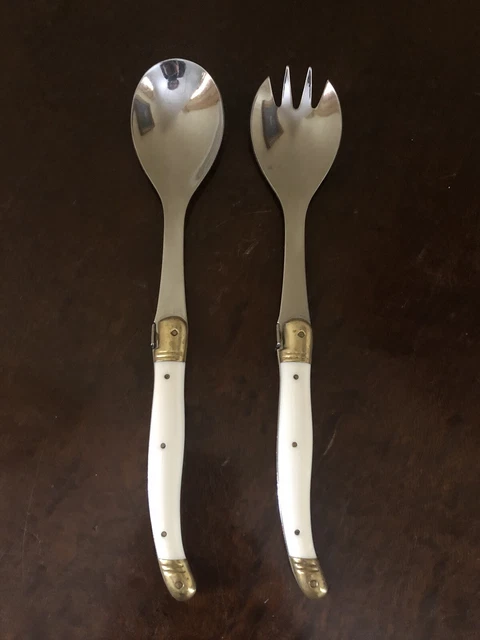 Servidores de ensaladas de tenedor y cuchara Laguiole France color marfil latón con abeja