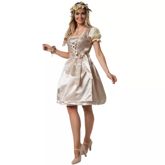Mini abito tradizionale da donna dirndl abito grembiule Oktoberfest costume festa popolare beige