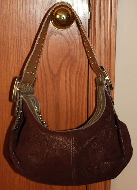 Kathy Van Zeeland Brown Suede Hobo Satchel Hand Bag Purse Gold Studded Buckles