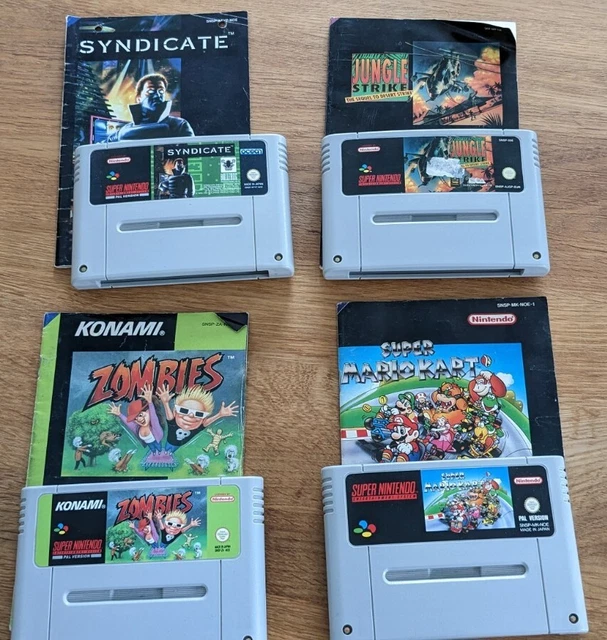SNES Spiele Bundle mit Handbuch. (Syndicate, Mario Kart, Jungle Strike, Zombies)