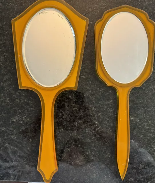 2 Pyralin VTG Hand Mirror Art Deco Amber Yellow Celluloid Beveled Glass c1930s