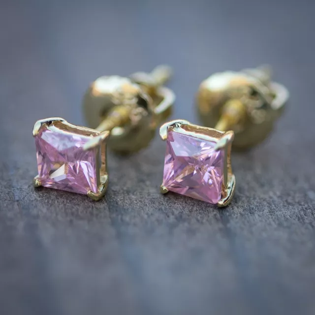 Women's 14K Gold Plated Small Pink Cz Princess Cut Stud Screw Back Earrings