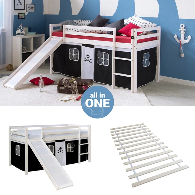 Lit Superposé 90x200 Cm, Lit Cabane Avec Escalier De Rangement Toboggan Et Barriere 1 Sommier Inclus Gris Sans Matelas 97394845