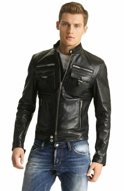 Black Leather Jacket Men Moto Pure Lambskin Biker Size S M L XL XXL Custom Made