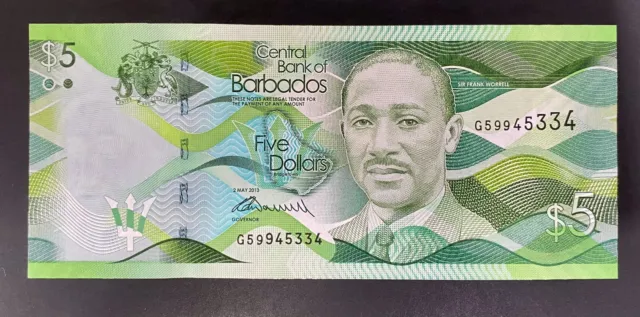 [1242] Barbados 5 dollars 2013 UNC Banknote