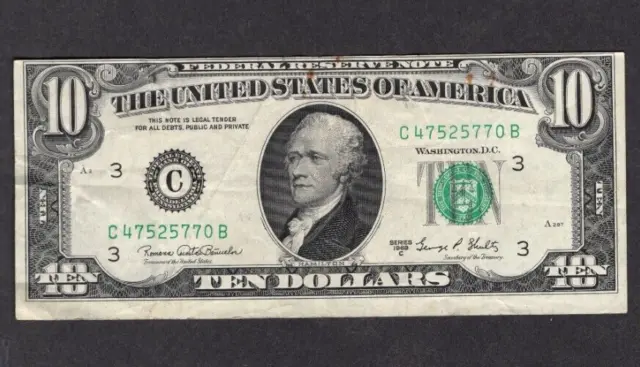 1969 C $10 Ten Dollar Bill Printing Error S483
