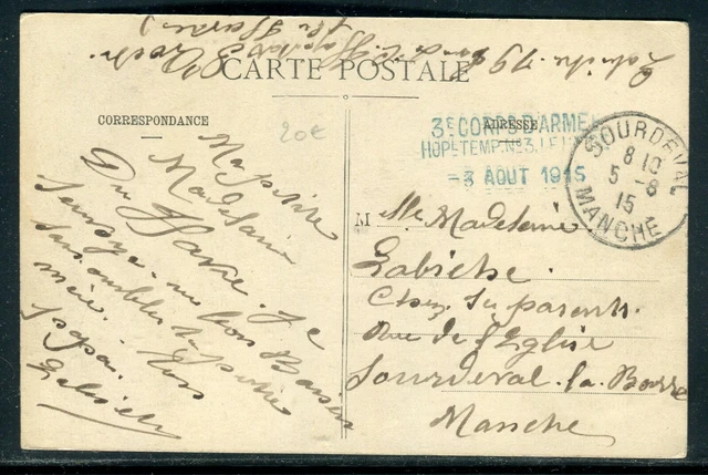 Cachet de l'Hôpital Temporaire N°3 du Havre sur carte postale en 1915 - O 54