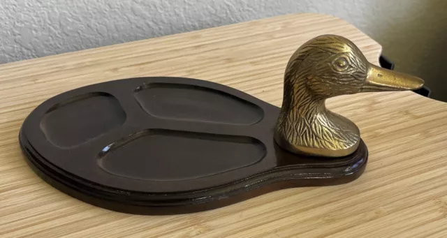 Vintage Duck Tray / Dresser Caddy / Pipe Holder: Mid Century - Brass, Oak Wood