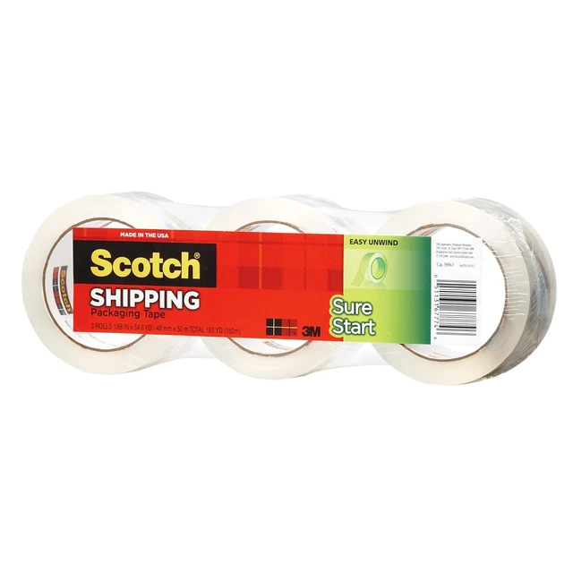 Scotch Sure Start Shipping Tape, 1-7/8" x 43.7 Yd., Clear, Pack Of 3 Rolls