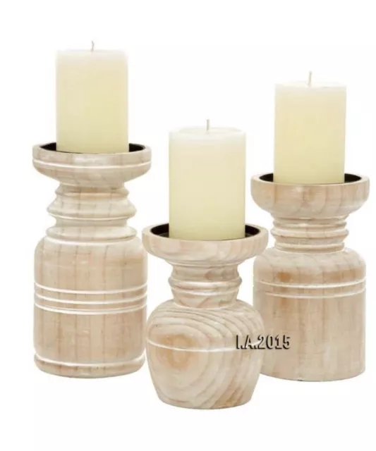 White wash Color Natural Candle Holders With upper and lower Wooden round ring d