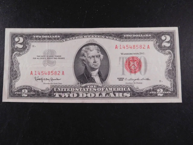 1963 Two Dollar Note Red Seal ~$2 Bill ~US CURRENCY~ Very Good 306