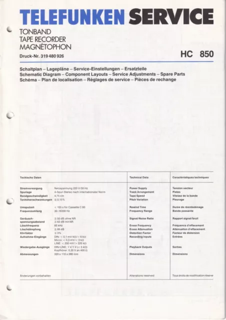 Service Manual-Anleitung für Telefunken HC 850