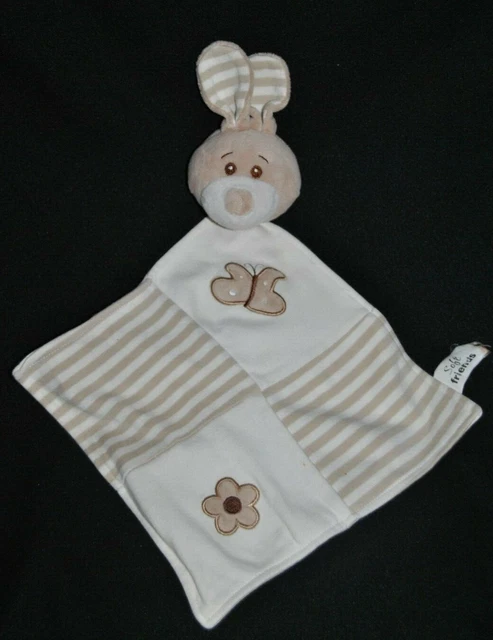 Peluche Doudou Lapin Plat SOFT FRIENDS LGRI Beige Rayé Fleur Papillon TTBE