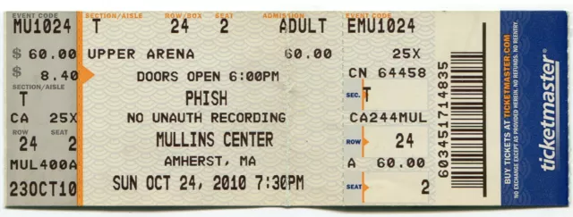 Vintage 2010 Phish Full Untorn Concert Ticket Stub Amherst MA