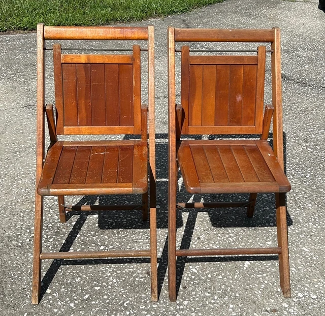 PAIR OF VINTAGE Mid Century Wooden Slat Folding Chairs Deck Patio
