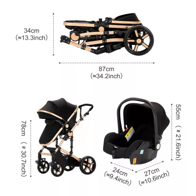 Baby Stroller 3 in 1 Baby Carriage Lightweight Pram stroller Infant Black 3