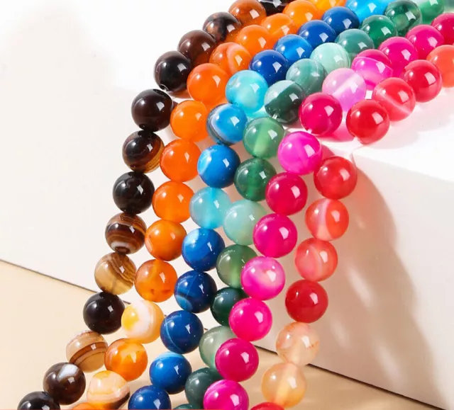 16"-50"6/8/10/12mm Multicolor Striped Agate Onyx Round Gems Beads Knot Necklace 2